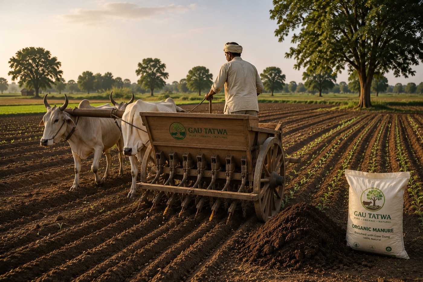 Gau Tatwa organic manure applied with a bullock-drawn seed drill on a sown field at sunrise